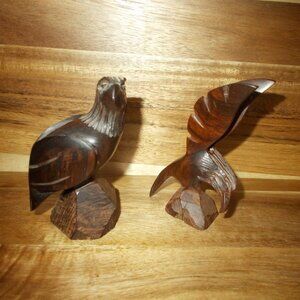 Eagle Statue SET OF 2 Hand Carved Wood Dark Brown Figurines 3.5" Sculpture